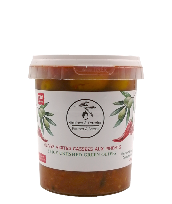 Veux-tu une bière, Graines & Fermier, Olives vertes cassées aux piments, Épicerie, Livraison Montréal